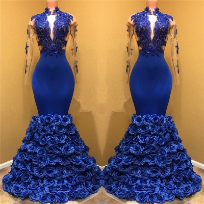 Royal Blue Rose Bottom Prom Dress  | Long Sleeve Lace Mermaid Prom Gown BA7969_3