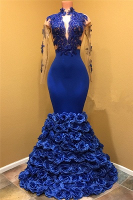 Royal Blue Rose Bottom Prom Dress  | Long Sleeve Lace Mermaid Prom Gown BA7969_1