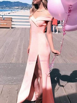 Pink Sheath Off-The-Shoulder Prom Dresses  Simple Side Slit Evening Dresses_4