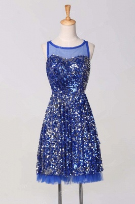 Elegant Blue and Silver Sequins Knee Length Homecoming Dress A-Line New Arrival Tulle Bowknot Dresses_1