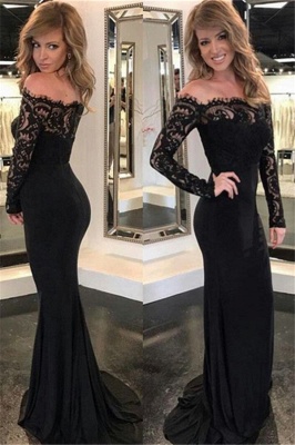 Black Lace Long Sleeve Evening Dresses Tight Off The Shoulder  Prom Dresses_1