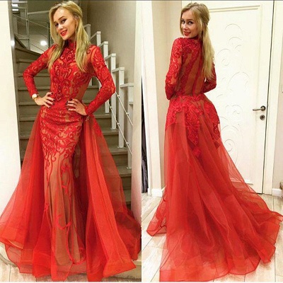Elegant Red Lace Long Sleeve Evening Dresses  Sheath Prom Dress AE0019_3