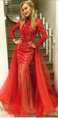 Elegant Red Lace Long Sleeve Evening Dresses  Sheath Prom Dress AE0019_1
