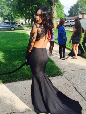Long Sleeve Two Pieces Prom Dresses  Black Lace Mermaid High Neck Evening Gowns CE0038_3