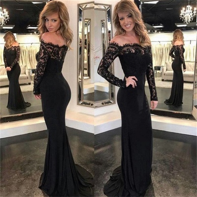 Black Lace Long Sleeve Evening Dresses Tight Off The Shoulder  Prom Dresses_3