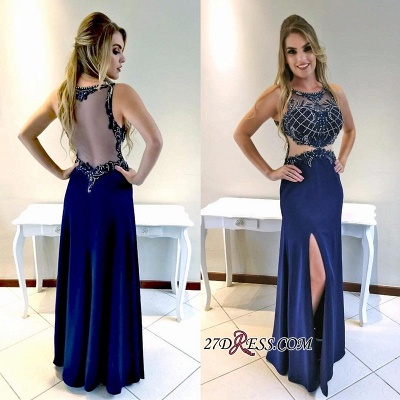 Navy Blue Mermaid Prom Dresses | Front-Split Crystal Floor Length Evening Gowns_1