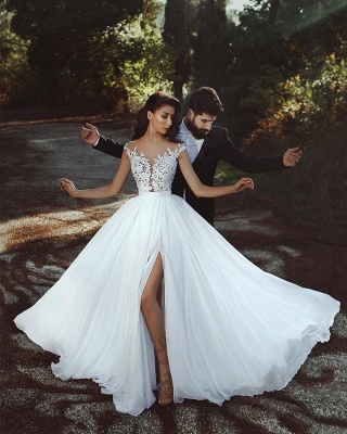Lace Appliques Chiffon Wedding Dresses Sexy |  Front Slit sheer  Bride Dress_2