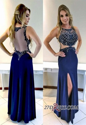 Navy Blue Mermaid Prom Dresses | Front-Split Crystal Floor Length Evening Gowns_3