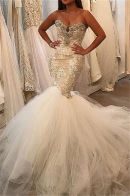Gorgeous Lace Sweetheart Crystal Wedding Dresses Tulle Mermaid Bridal Gowns Online_1