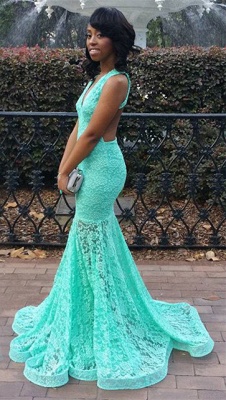 Turquoise Lace Dress for  Prom Sexy Open Back Memraid Evening Dresses_1
