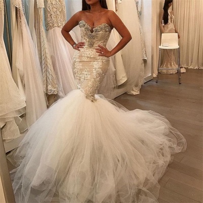 Gorgeous Lace Sweetheart Crystal Wedding Dresses Tulle Mermaid Bridal Gowns Online_3