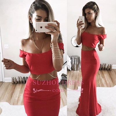 Sexy Off The Shoulder Formal Evening Dress  Two Piece Mermaid Red Long Prom Dress_1