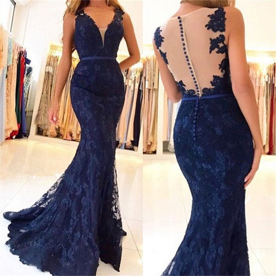 V-neck Mermaid Lace Pretty Prom Dress |  Sheer Tulle Sleeveless Formal Evening Dress_4