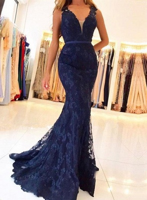 V-neck Mermaid Lace Pretty Prom Dress |  Sheer Tulle Sleeveless Formal Evening Dress_1