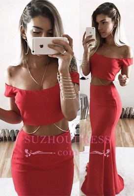 Sexy Off The Shoulder Formal Evening Dress  Two Piece Mermaid Red Long Prom Dress_2