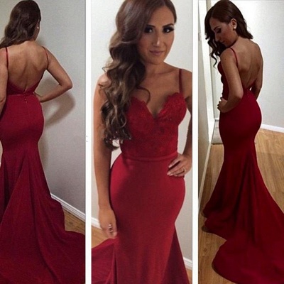 Red Sexy Mermaid Spaghetti Strap Evening Dresses Lace Open Back  Party Gowns BA2381_3