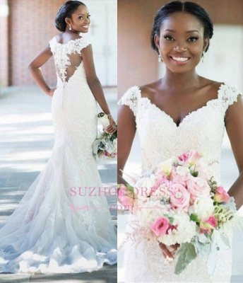 Sexy Lace Long-Train Elegant V-neck Sheath Tulle Sleeveless Wedding Dress_3