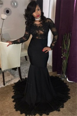 Sexy Black Lace Tulle Prom Dresses | Mermaid Long Sleeve  Evening Gown  FB0277_1