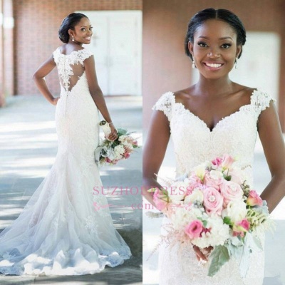 Sexy Lace Long-Train Elegant V-neck Sheath Tulle Sleeveless Wedding Dress_1