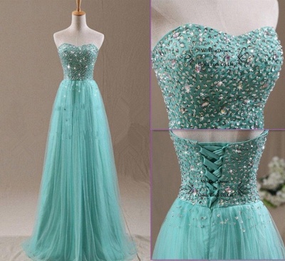 Sweetheart Crystal Mint Long Prom Dresses Lace-up Elegant  Evening Dresses with Sparkly Beadings_2