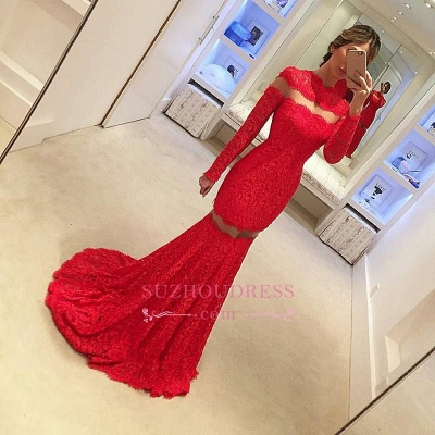 Mermaid Lace Long-Sleeve Sexy Red Sweep-Train Prom Dress BA4628_1