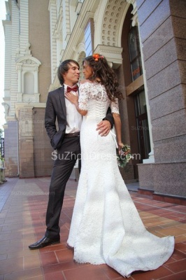 Mermaid Lace Off-the-shoulder Bridal Dress Half Sleeves  Wedding Dress_1