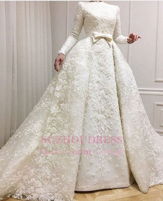Luxury Beaded Lace-Applique Long-Sleeves Jewel Ball-Gown Wedding Dresses with Over-Skirt CD0071_1