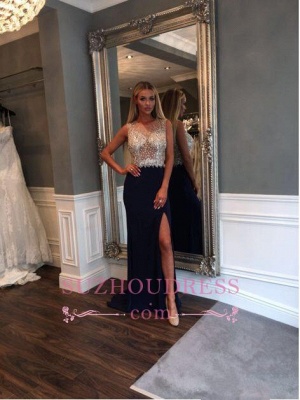 Front Split Jewel Sleeveless Gorgeous Sweep Train  Crystals Prom Dress_3