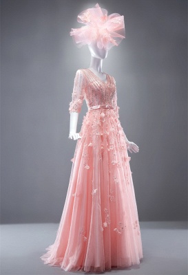 Cute Pink Flowers Half Sleeve Prom Dress with Beadings V-Neck Bowknot Tulle Evening Gowns_5
