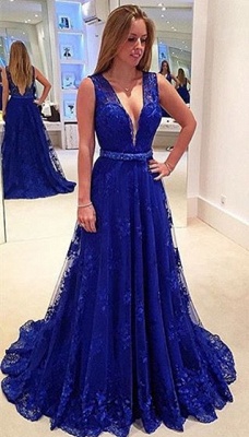A-line V-neck  Royal Blue Lace Prom Gowns Sleeveless Popular Summer Evening Dresses CE0042_1