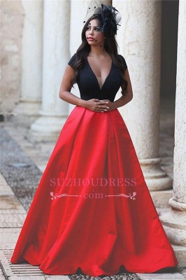 Evening Deep Cap-Sleeves Stretch-Satin V-neck  Black-and-Red Sexy Dress MH081_3