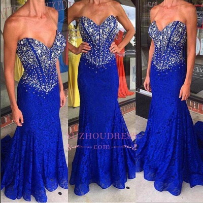 Lace Sheath Royal Blue Crystal Evening Gown Mermaid Sweetheart  Prom Dresses_1