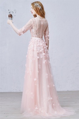 Cute Pink Flowers Half Sleeve Prom Dress with Beadings V-Neck Bowknot Tulle Evening Gowns_3