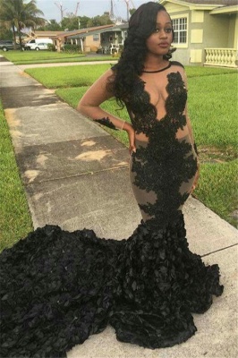 Mermaid Long-Train Sleeves Appliques Sexy Sheer Lace Gorgeous Black Prom Dress BA6029_1