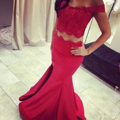 Off-the-shoulder Two Piece Prom Dress Mermaid  Evening Gowns with Slit_3