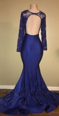 Sexy Open Back Royal Blue Prom Dresses  | Lace Long Sleeve Mermaid Evening Gown BA7863_4