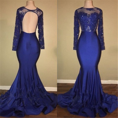 Sexy Open Back Royal Blue Prom Dresses  | Lace Long Sleeve Mermaid Evening Gown BA7863_5