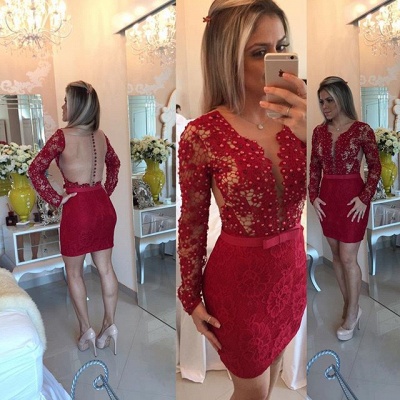 Red Long Sleeve Lace Short Homecoming Dress New Arrival Beadings Bowknot Mini Cocktail Dress BA7304_3