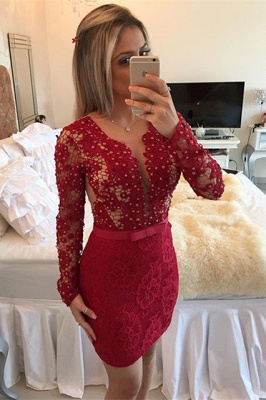 Red Long Sleeve Lace Short Homecoming Dress New Arrival Beadings Bowknot Mini Cocktail Dress BA7304_1