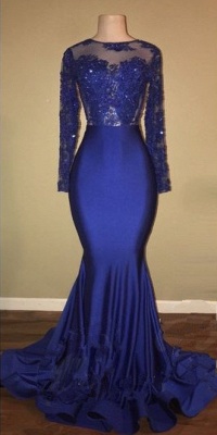 Sexy Open Back Royal Blue Prom Dresses  | Lace Long Sleeve Mermaid Evening Gown BA7863_3