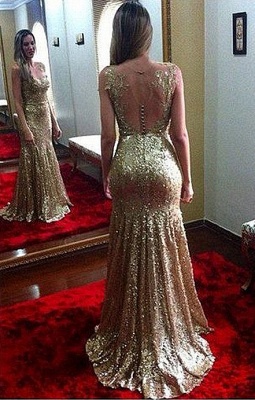 Open Back Sexy Gold Sequined  Evening Gowns Sleeveless Applique Mermaid Party Dresses CJ0169_1