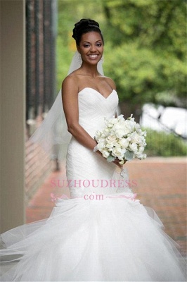 Sweetheart Sleeveless Mermaid Bridal Gowns Flowers Sheath Ruffles Tulle Wedding Dresses_6