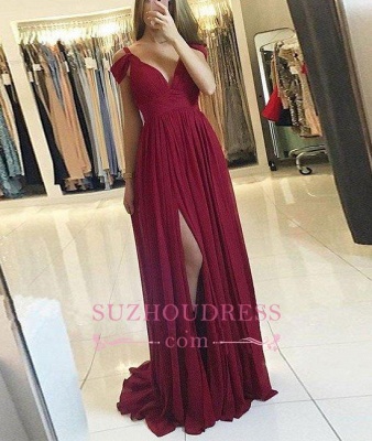 Chiffon A-line Burgundy Formal Dress   Side Slit Long Off-the-Shoulder Prom Dresses_1