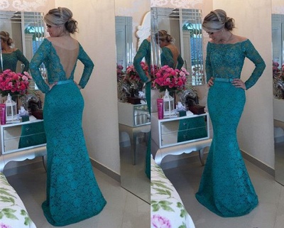 Long Sleeve Bateau Sexy Mermaid Evening Dress with Beadings Bowknot Lace Trumpet Formal Occasion Dresses_2