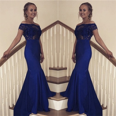 Sexy Off the Shoulder Mermaid Prom Dress | Navy Blue Appliques Evening Gowns_3