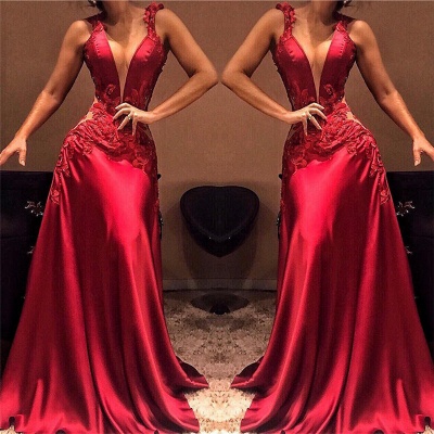 Deep V-Neck Red Sleeveless Evening Dresses | Sexy A-Line Appliques Prom Dresses_1