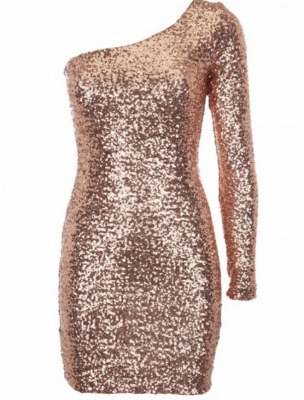Sequined One shoulder Long Sleeve Mini Homecoming Dress  Simple Plus Size Short Dresses for Women BA4332_1