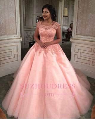Newest Chic Long Cap-Sleeves Ball-Gown Scoop Lace-Appliques Quinceanera Dresses_1