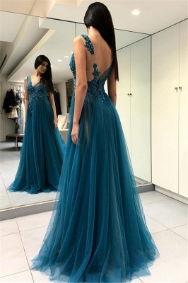 Sexy V-Neck Tulle A-line Prom Dresses |  Sleeveless Side Slit Appliques Evening Dresses SK0185_3