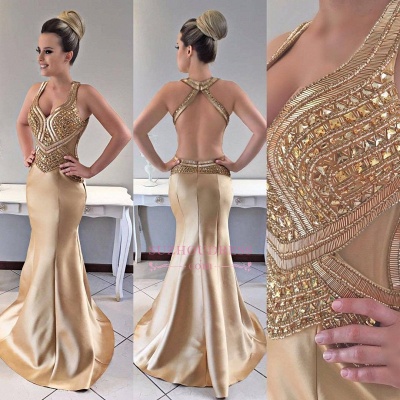 Sexy Mermaid Gold Prom Dress |  Modern Crystals Open Back Evening Dresses_1